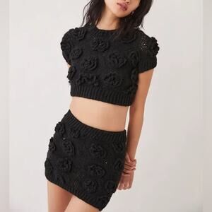 Tach Clothing Women’s Polina Top Elena Crochet Knit Skirt Set Black Rosettes S